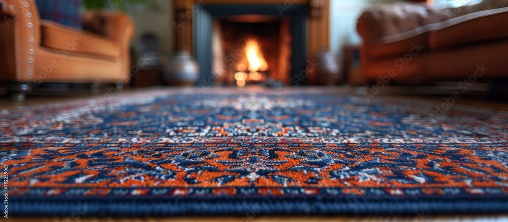 Poster displaying a close-up view, a rug is positioned on the floor in front of a fireplace, creating a coz