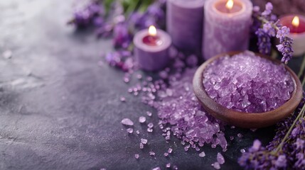 Relaxing spa setting with purple salt crystals and candles, Concept of wellness, self-care, and aromatherapy