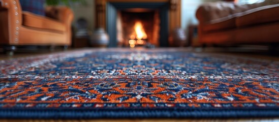 Obraz premium Displaying a close-up view, a rug is positioned on the floor in front of a fireplace, creating a cozy and inviting atmosphere