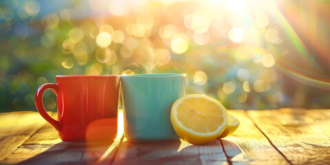 Close up cup of tee with lemon - obrazy, fototapety, plakaty