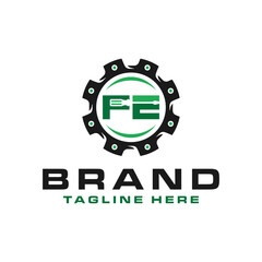 car parts illustration logo with the letter FE