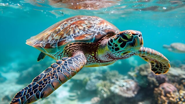 Investigating the pressing global danger to marine turtles, symbolic of the delicate equilibrium of the oceans. Concept Marine Turtles Conservation, Ocean Health, Environmental Threats