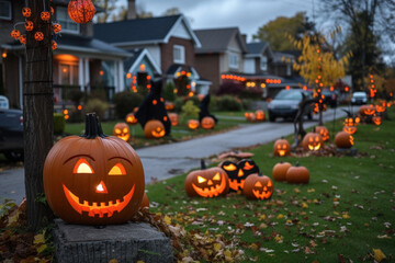 Spooky Halloween Night in a Neighborhood with Carved Pumpkins Lining the Street