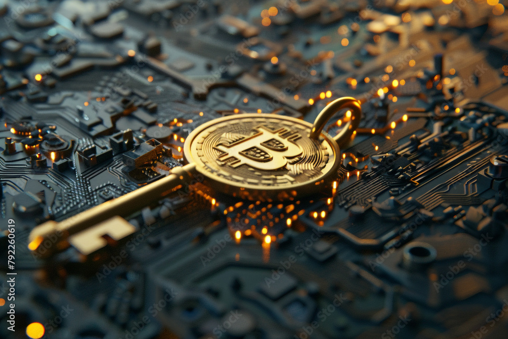 Poster a 3d concept art of a golden bitcoin key unlocking a digital lock on a blockchain