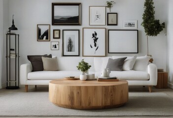 room table white modern interior frames white art Scandinavian sofa wooden style coffee living three Round design wall