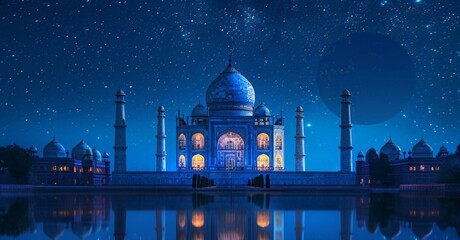 Fototapeta na wymiar The beautiful silhouette of the mosque against the night sky. Panoramic view of the evening Taj Mahal. A greeting card for a traditional Indian holiday. Ramadan, Ugadi, Diwali, Pongal, Gudi Padwa.