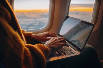 typing on a laptop during a flight