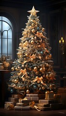 Christmas tree with golden ornaments and gifts. 3d illustration.