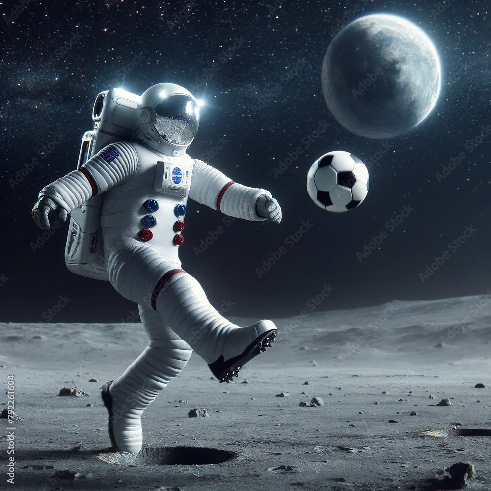 Canvas Prints Energetic Astronaut Bouncing Soccer Ball on Moon