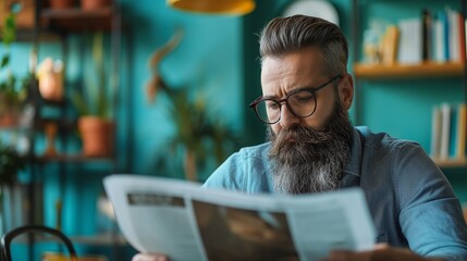 Concentrated mature man with beard reading newspaper in a cozy interior, concept of daily routine and leisure activity