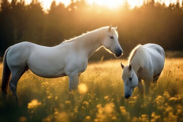 'wild sunlit meadow horses graze animal background beautiful farm field herd mustang nature sunset equestrian evening landscape mammal mare pasture ranch rural summer free horse red fast steppe foal' - obrazy, fototapety, plakaty