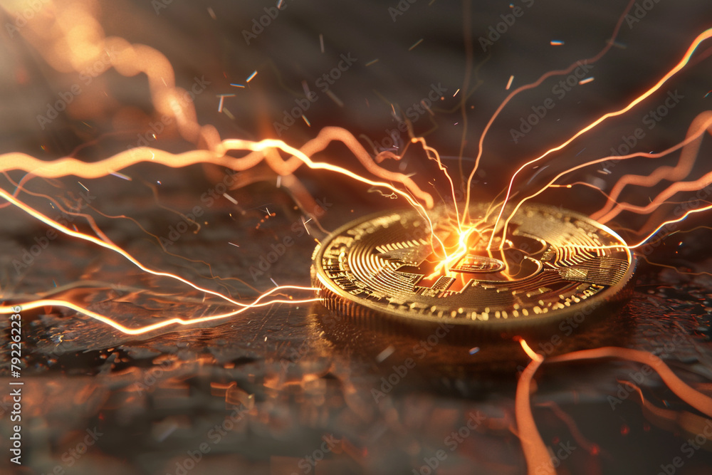 Poster a 3d rendering of a golden bitcoin coin electrified with digital energy lines