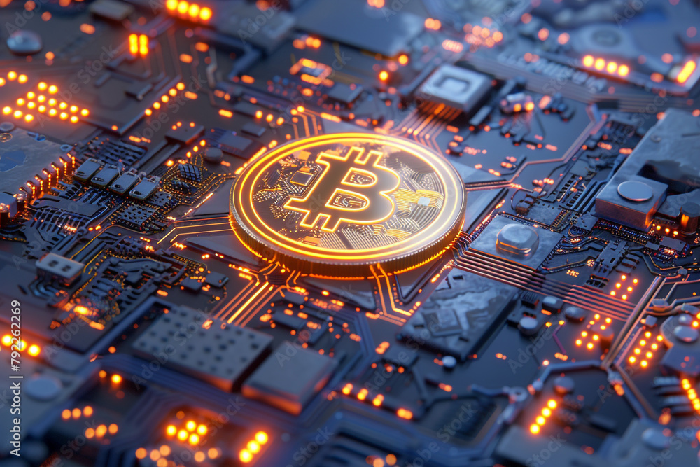 Poster a 3d visualization of a bitcoin surrounded by digital circuits