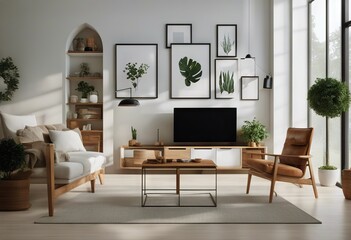 room gallery rendering greenery wooden frame room furniture wall interior lots living white farmhouse 3d mockup