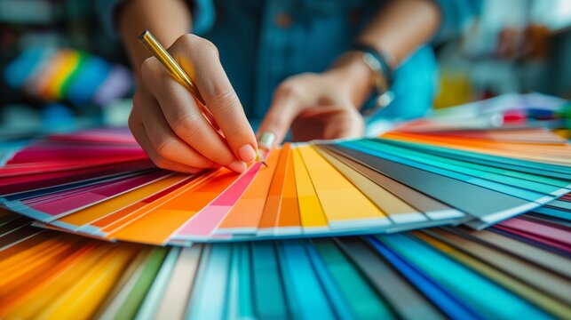 Close-up of hands selecting color swatches for design project, concept of creativity and color theory in art and decoration