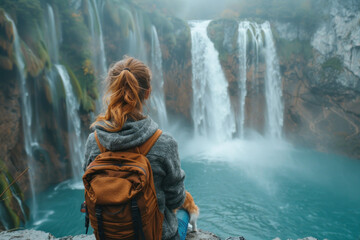 Adventurous Caucasian Woman Contemplating the Beauty of a Majestic Waterfall