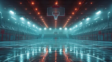 basketball court is illuminated by an array of bright arena lights, centering on the red basketball hoop. The