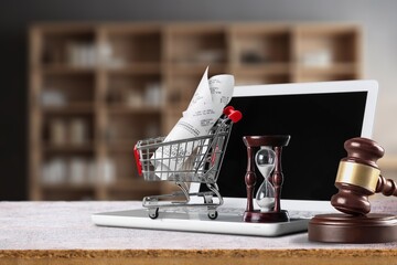 Consumer rights and protection, law concept with shopping cart