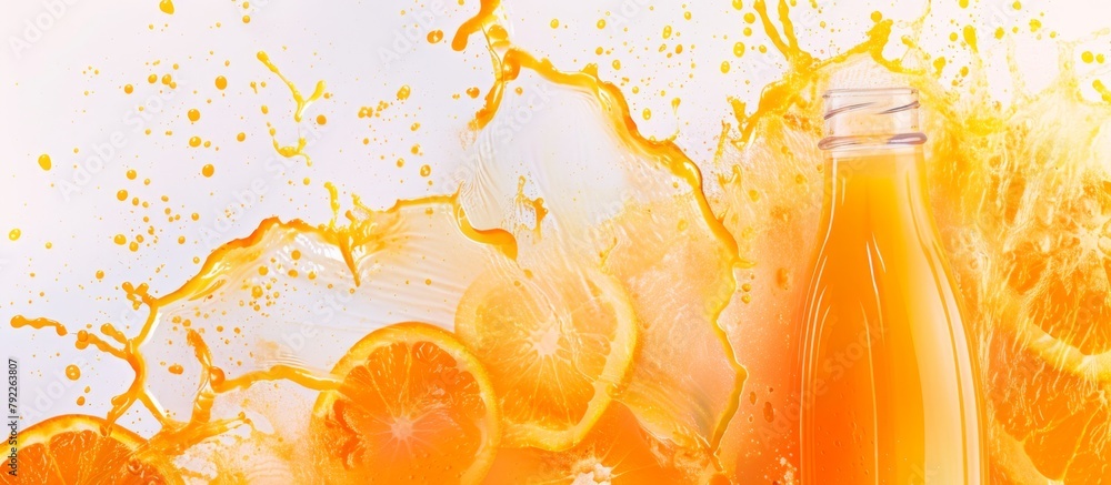 Poster orange juice splashing out explosively from a bottle alongside fresh orange slices, creating a refre
