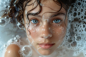 Youthful Face Partially Submerged in Crystal Clear Water Surrounded by Soap Suds
