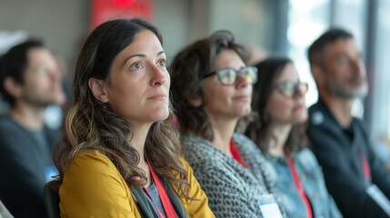 Obraz premium Focused audience attentively listening at a conference, engaging with educational content - Concept of professional development, adult education, and knowledge sharing