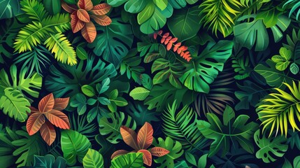 Tropical Colorful Leaves on Green Rainforest Jungle Background. Tree Branches Wallpaper for Summer Banners, Seamless Pattern Background