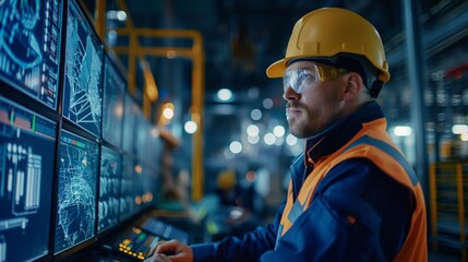 Focused engineer monitoring complex data on multiple screens in industrial control room, Concept of automation, control, and advanced manufacturing