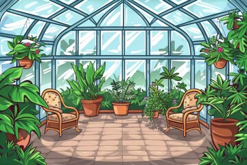 Cartoon cute doodles of an empty conservatory with glass walls, potted plants, and wicker furniture, Generative AI