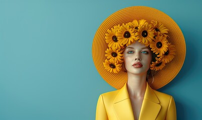Fashionable woman in a summer outfit with a yellow straw hat 