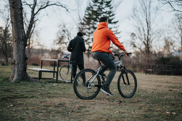 Obraz premium A young adult male cyclist takes a leisurely ride through a tranquil urban park, embodying a healthy, active lifestyle.
