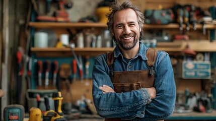 Cheerful craftsman in denim apron arms crossed in well-equipped workshop, concept of skilled labor and craftsmanship