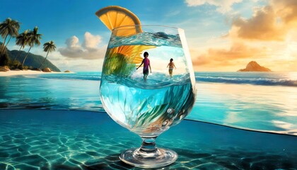 A captivating 3D render of a surreal beach scene, where a large, transparent cocktail glass fills with water, and people are seen swimming inside