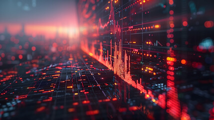 A vibrant display of real-time stock market data, with glowing red and orange lines on a dark grid, symbolizing active trading and fluctuating market trends