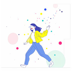 Illustration of a Joyful Woman walking and Dancing to Music with a Colorful Abstract Background
