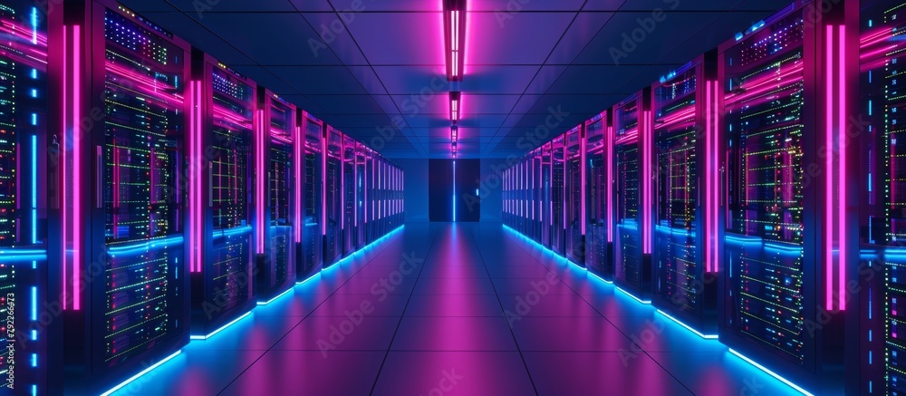 Poster dimly lit server room with multiple rows of server equipment and glowing neon lights creating an amb