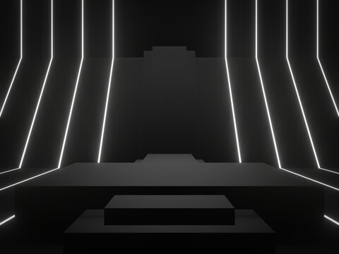 3D black geometric podium with white neon lights.
