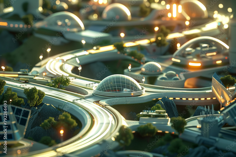 Poster a futuristic 3d model of a city where roads and buildings are designed to collect and utilize solar 