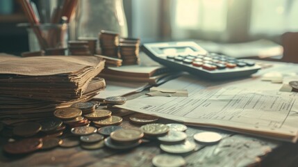 Soft hazy image of office essentials including ledgers calculators and coins p on a rustic wooden table. The unfocused background gives a sense of depth and adds a touch of elegance .