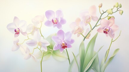 Watercolor of Ethereal orchids in a warm, humid, pinkish glow - obrazy, fototapety, plakaty