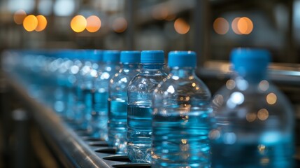Close-up of water bottles on a production line in a factory concept of manufacturing, industry and mass production