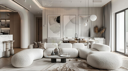 Interior design of modern living room interior with white boucle modular sofa, round coffee table, cube, mock up poster frame, furnitures and elegant decoration 