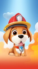 Courageous dog firefighter with helmet and hose, amidst heroics against fiery backdrop, 2D flat design - obrazy, fototapety, plakaty