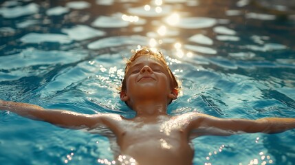 Joyful boy floating freely in pool under sun's golden rays, concept of summer bliss, freedom, and happiness - obrazy, fototapety, plakaty