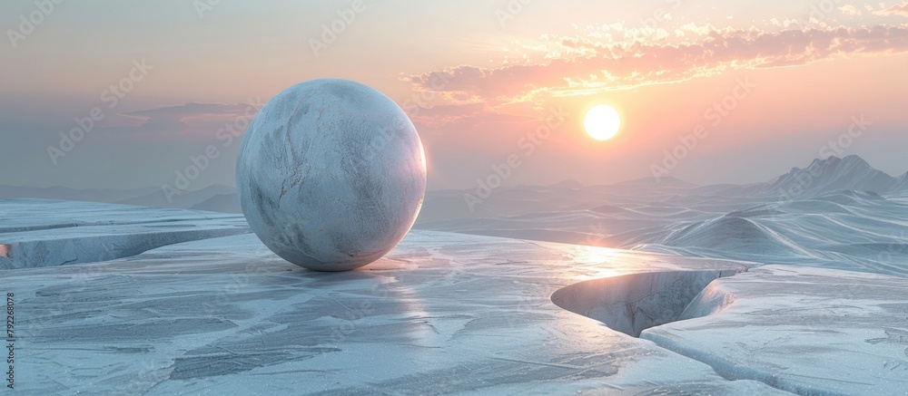 Poster a big white egg is placed on top of a hill covered in a layer of snow, creating a simple and serene 
