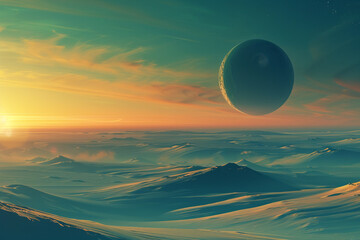 A solitary planet hovers on the distant horizon