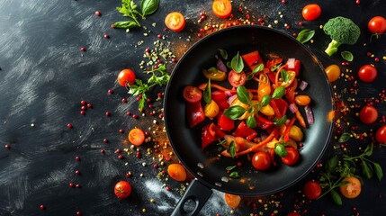 Healthy stir-fried vegetables in pan, concept of nutritious cooking and clean eating - obrazy, fototapety, plakaty