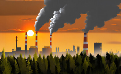Gran fábrica con chimeneas en medio de un bosque. El sol y el cielo naranjas tapados por el humo y la polución.