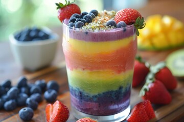 A colorful rainbow smoothie with layers of blended fruit.