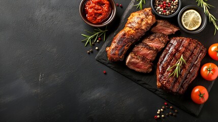 Juicy grilled steaks on slate with aromatic herbs, spices, and fresh tomatoes, Concept of gourmet cuisine, indulgence, and culinary arts - obrazy, fototapety, plakaty