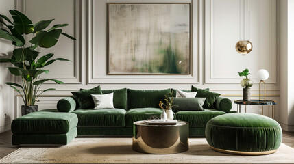 Luxurious living room in a house with modern interior design, featuring a green velvet sofa, coffee 